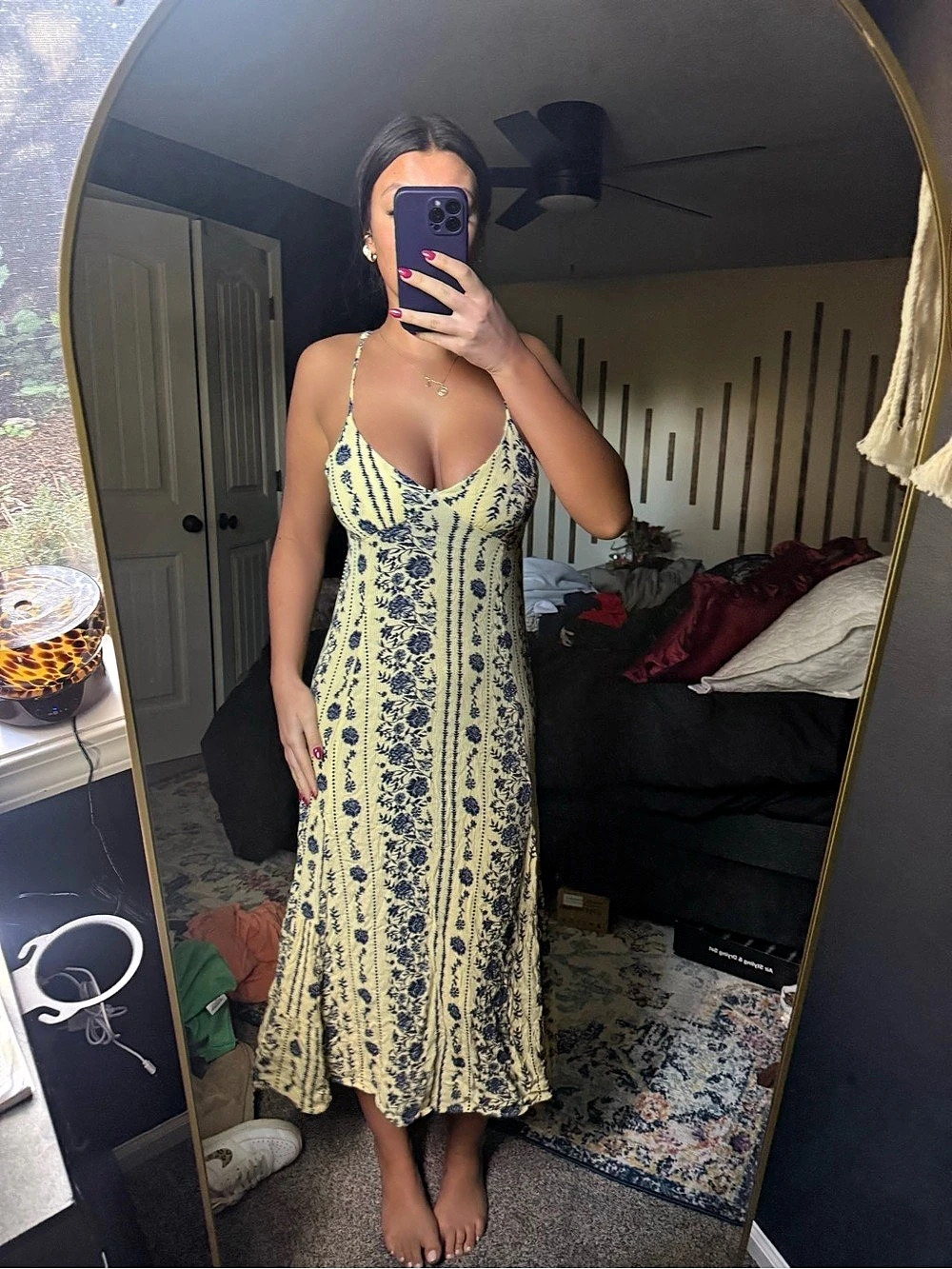 true Floral Open Back Midi Dress in Yellow & Blue Size Medium - Picture 5 of 6